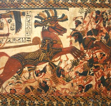 Detail, lop-eared Sighthounds under Pharaoh Tutankhamen’s war chariot. © Siebel, 2004